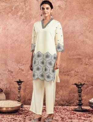 Embroidered Creme Silk Blend Co Ords for Women 7