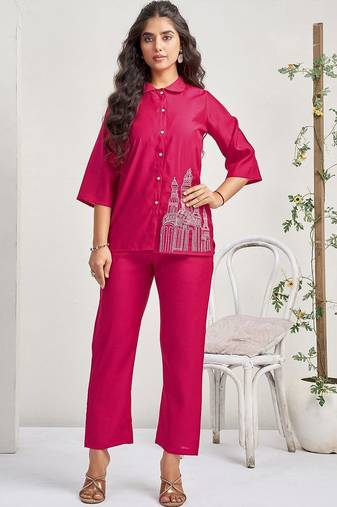 Embroidered Rani Pink Roman Silk Co Ords for Women