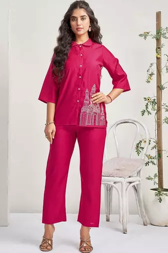 Embroidered Rani Pink Roman Silk Co Ords for Women