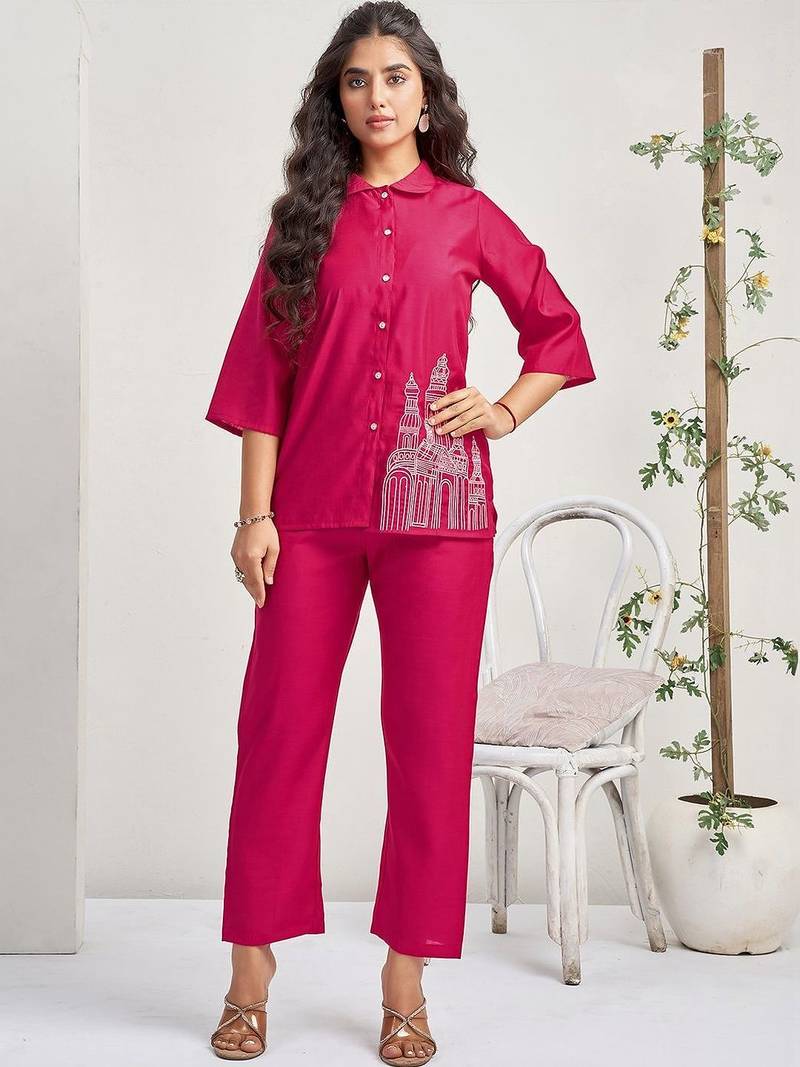 Embroidered Rani Pink Roman Silk Co Ords for Women