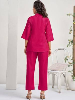 Embroidered Rani Pink Roman Silk Co Ords for Women 2