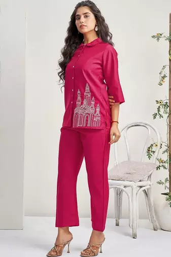 Embroidered Rani Pink Roman Silk Co Ords for Women