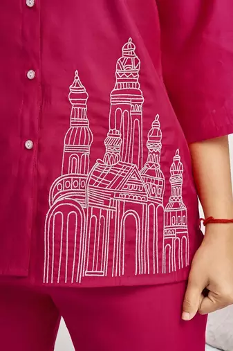 Embroidered Rani Pink Roman Silk Co Ords for Women