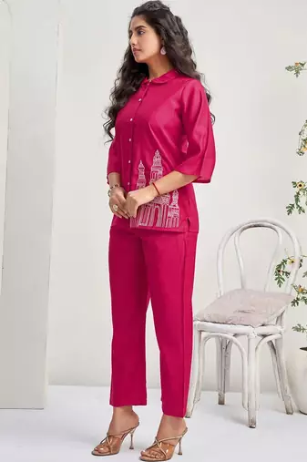 Embroidered Rani Pink Roman Silk Co Ords for Women