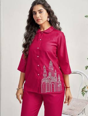 Embroidered Rani Pink Roman Silk Co Ords for Women 7