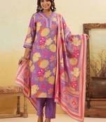 Women Floral Printed Regular Pure Silk Kurta with Trousers & With Dupatta