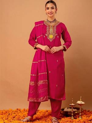 Women Ethnic Motifs Embroidered Regular Kurta with Trousers & With Dupatta 1