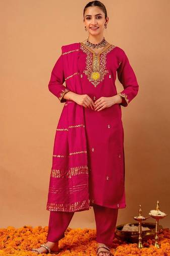 Women Ethnic Motifs Embroidered Regular Kurta with Trousers & With Dupatta