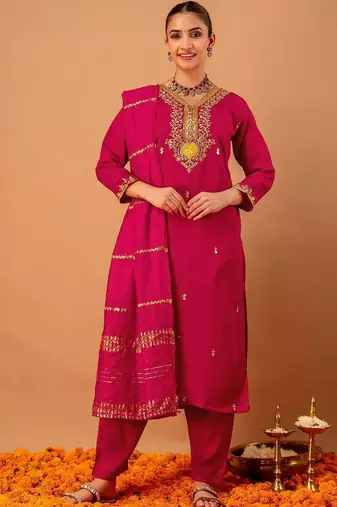 Women Ethnic Motifs Embroidered Regular Kurta with Trousers & With Dupatta