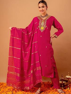 Women Ethnic Motifs Embroidered Regular Kurta with Trousers & With Dupatta 4