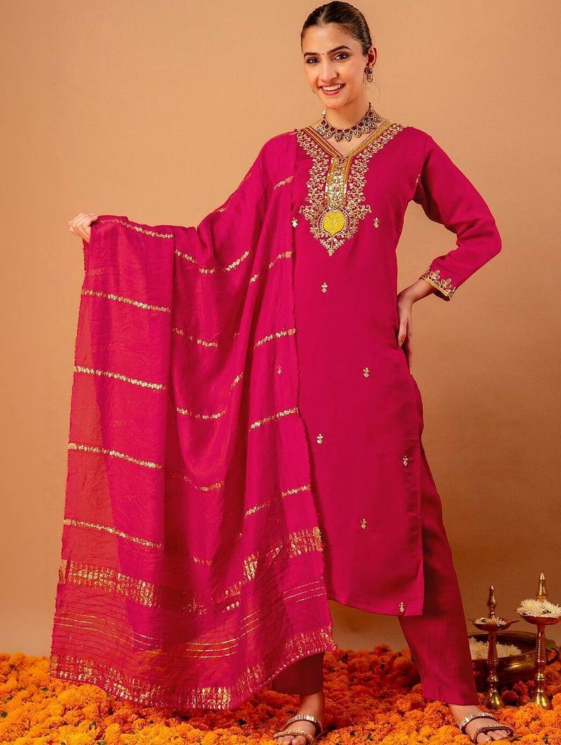 Women Ethnic Motifs Embroidered Regular Kurta with Trousers & With Dupatta