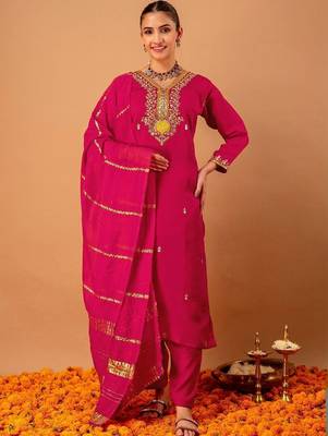 Women Ethnic Motifs Embroidered Regular Kurta with Trousers & With Dupatta 5