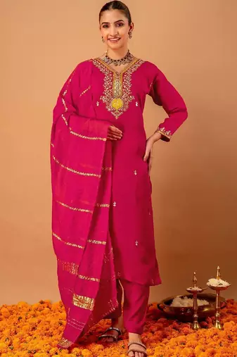Women Ethnic Motifs Embroidered Regular Kurta with Trousers & With Dupatta