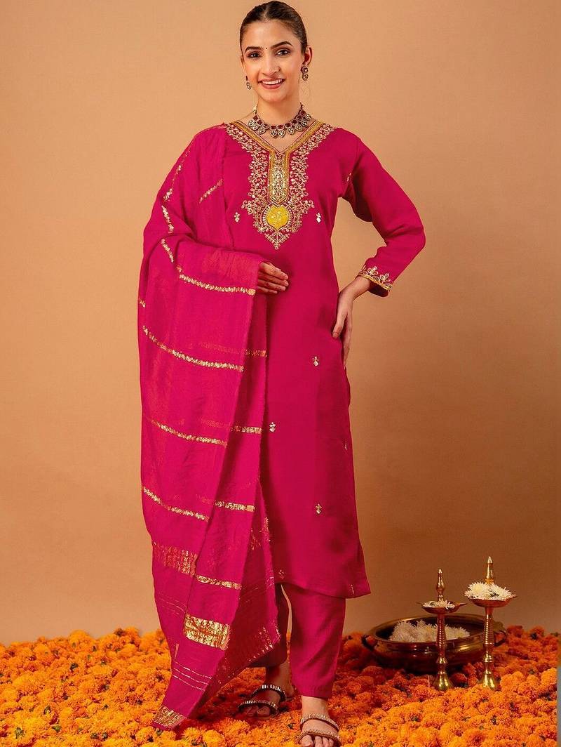 Women Ethnic Motifs Embroidered Regular Kurta with Trousers & With Dupatta