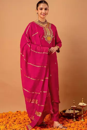 Women Ethnic Motifs Embroidered Regular Kurta with Trousers & With Dupatta