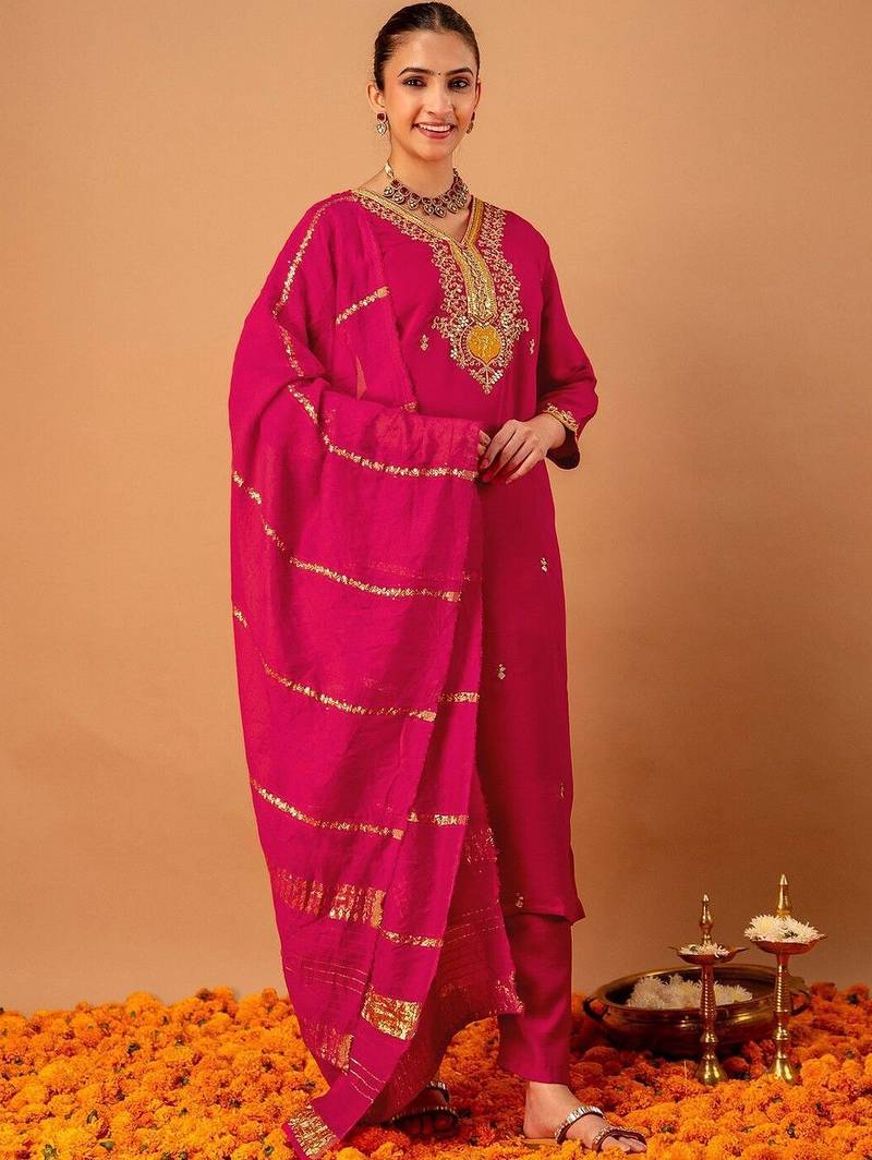 Women Ethnic Motifs Embroidered Regular Kurta with Trousers & With Dupatta