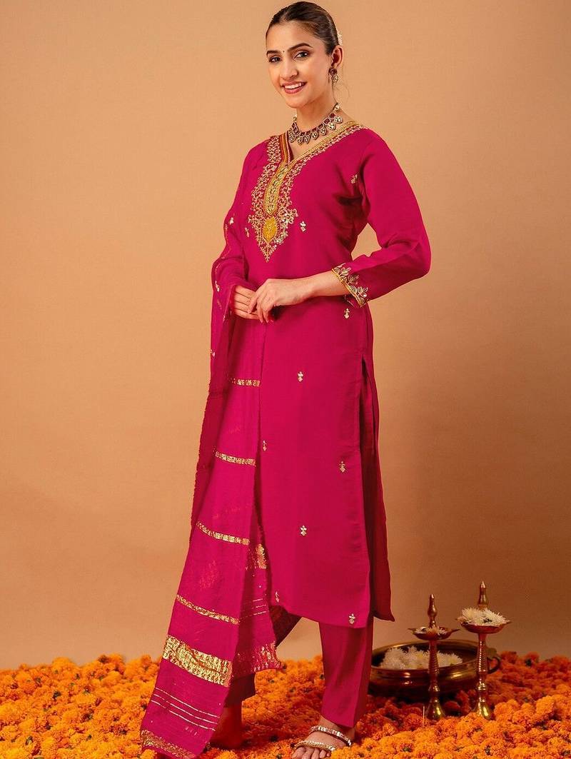 Women Ethnic Motifs Embroidered Regular Kurta with Trousers & With Dupatta
