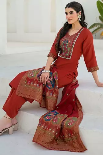 Women Ethnic Motifs Embroidered Regular Thread Work Kurta with Trousers & With Dupatta