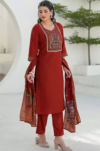 Women Ethnic Motifs Embroidered Regular Thread Work Kurta with Trousers & With Dupatta