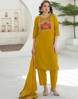 Women Ethnic Motifs Embroidered Regular Kurta with Trousers & With Dupatta 5