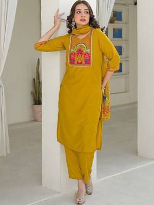Women Ethnic Motifs Embroidered Regular Kurta with Trousers & With Dupatta 7