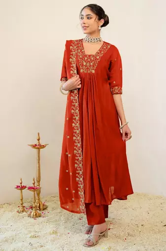 Women Ethnic Motifs Embroidered Empire Thread Work Kurta with Trousers & With Dupatta