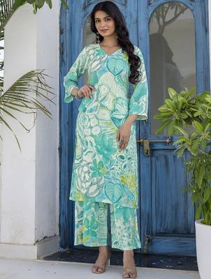Printed Turquoise Viscose Rayon Co Ords for Women 1