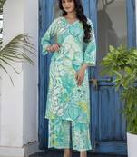 Printed Turquoise Viscose Rayon Co Ords for Women