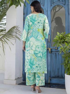 Printed Turquoise Viscose Rayon Co Ords for Women 3