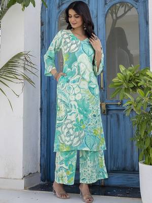 Printed Turquoise Viscose Rayon Co Ords for Women 6