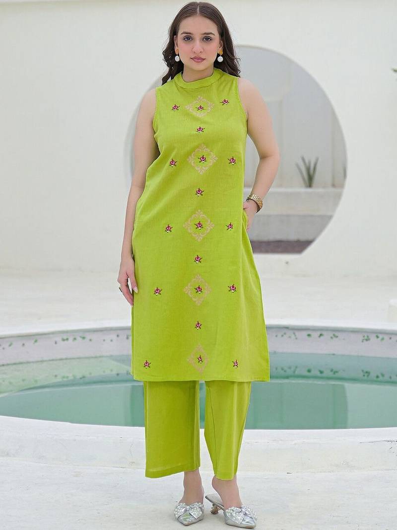 Embroidered Light Lime Green Viscose Rayon Co Ords for Women