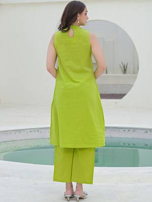 Embroidered Light Lime Green Viscose Rayon Co Ords for Women 3