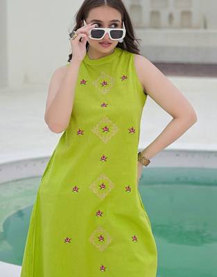 Embroidered Light Lime Green Viscose Rayon Co Ords for Women 4
