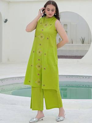 Embroidered Light Lime Green Viscose Rayon Co Ords for Women 6