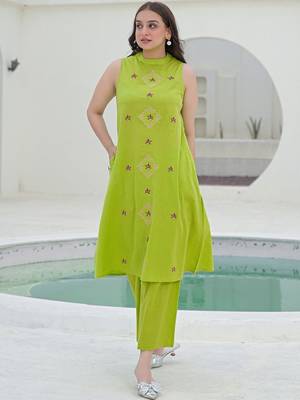 Embroidered Light Lime Green Viscose Rayon Co Ords for Women 7