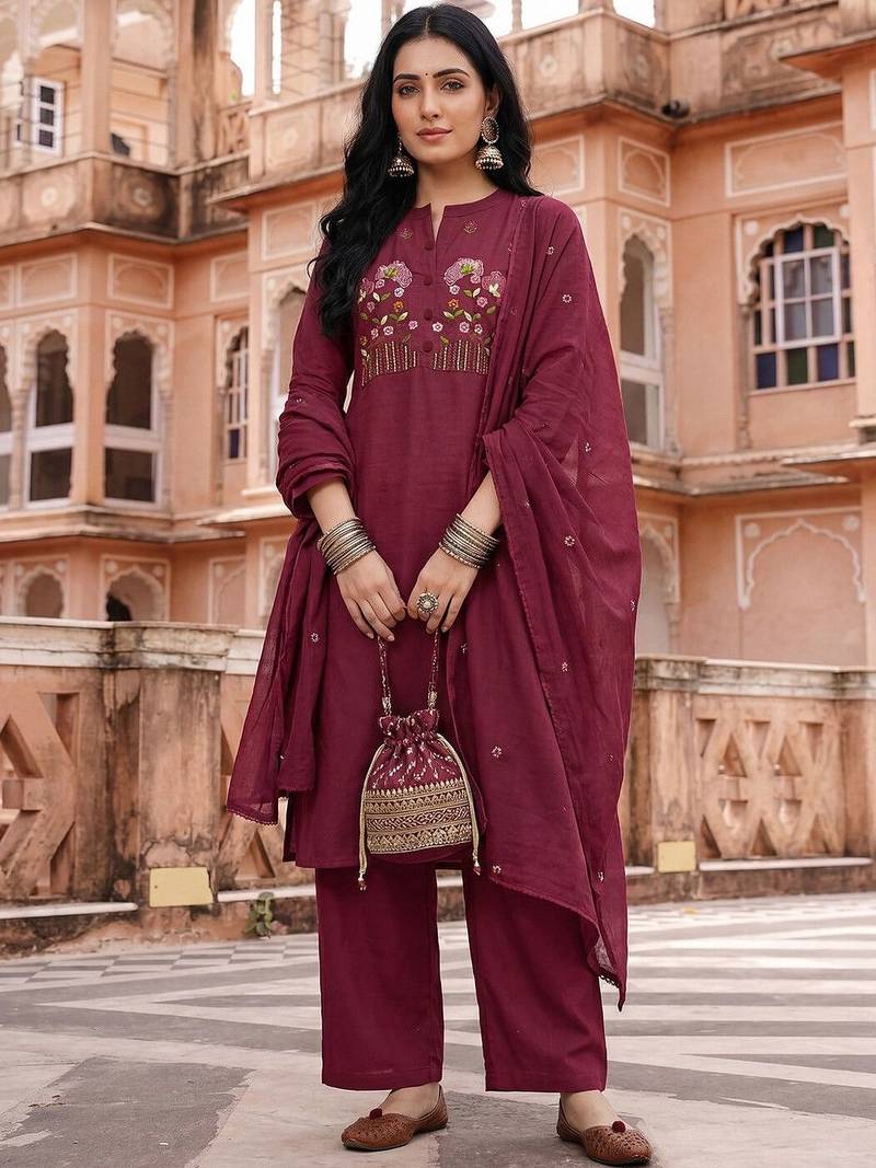 Women Ethnic Motifs Embroidered Regular Thread Work Kurta with Trousers & With Dupatta