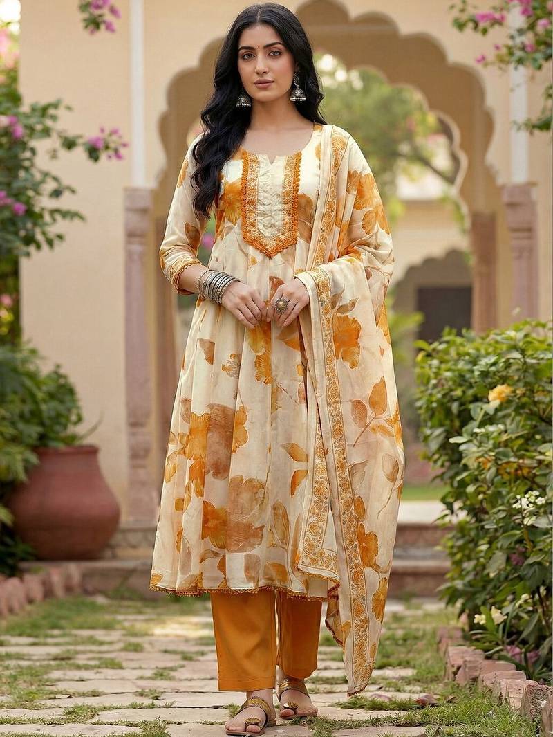 Women Floral Printed Regular Thread Work Kurta with Trousers & With Dupatta