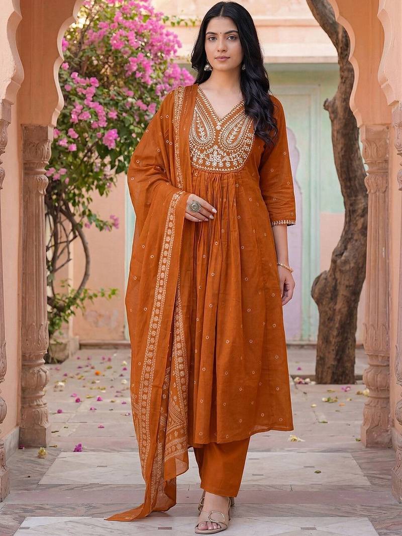 Women Ethnic Motifs Embroidered Panelled Thread Work Kurta with Trousers & With Dupatta