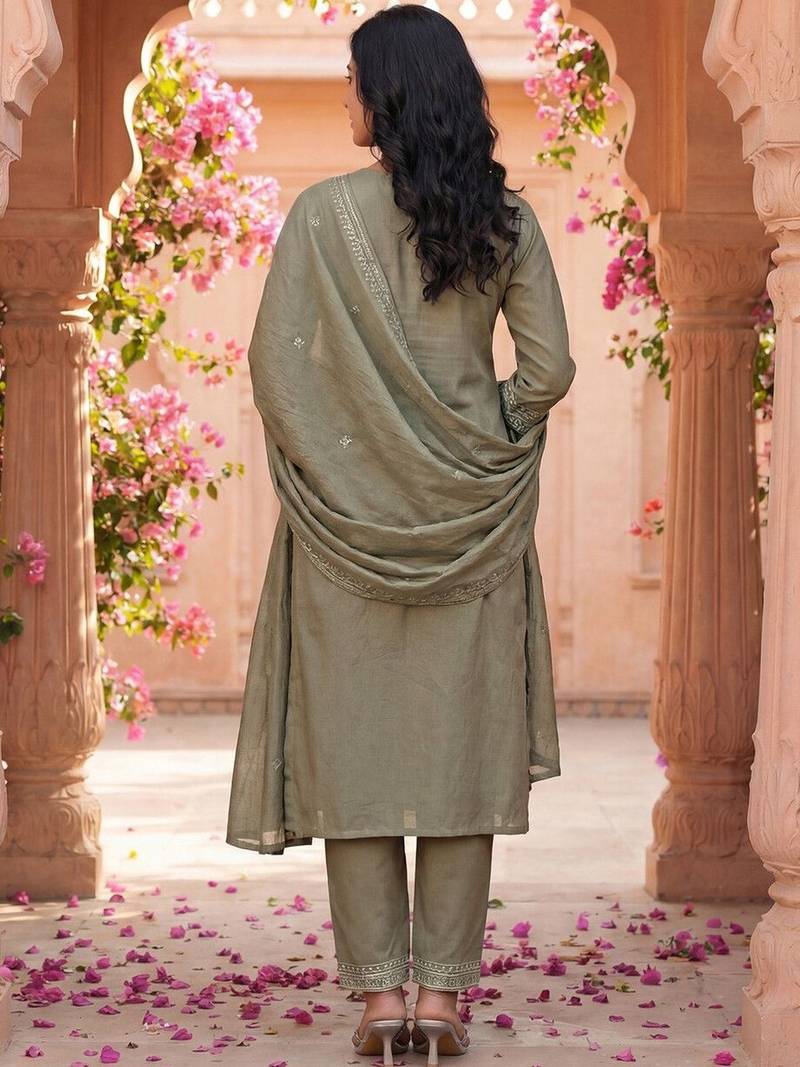 Women Ethnic Motifs Embroidered Regular Thread Work Kurta with Trousers & With Dupatta