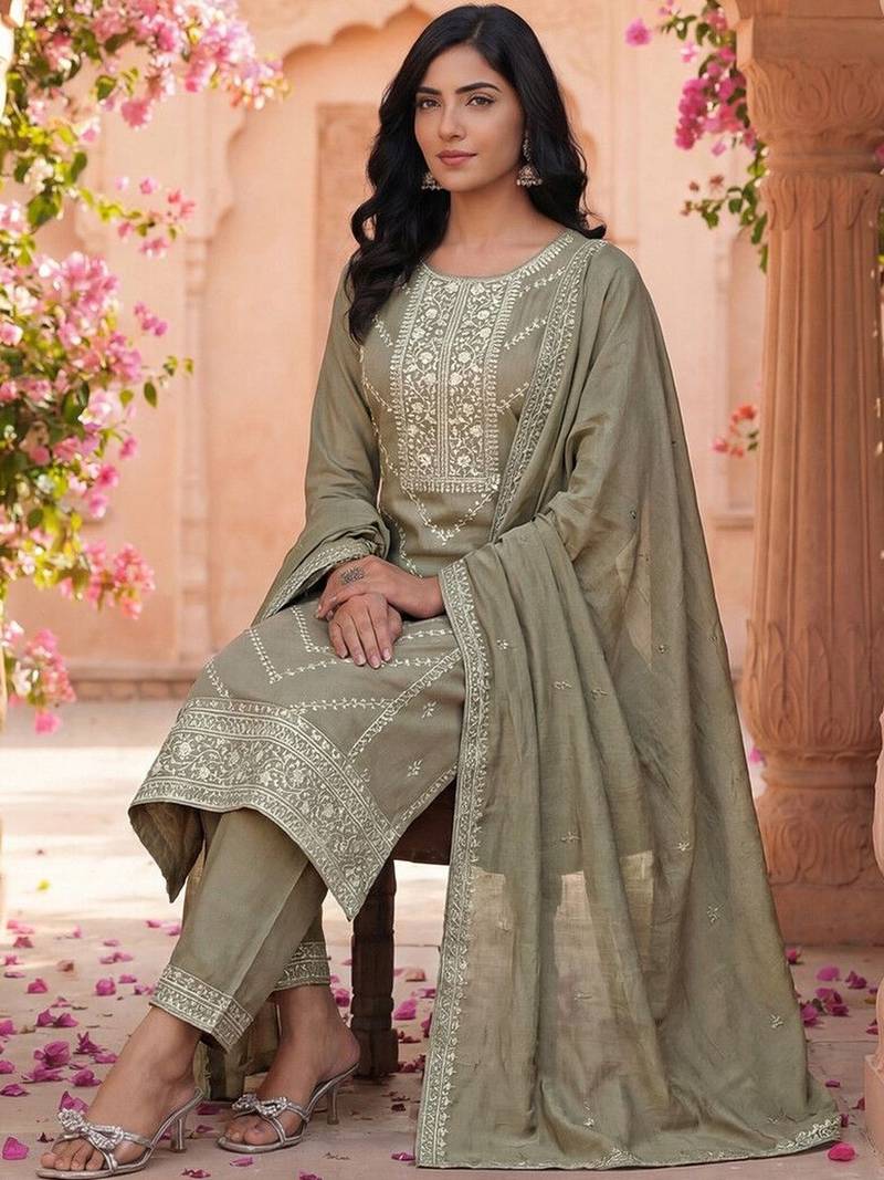 Women Ethnic Motifs Embroidered Regular Thread Work Kurta with Trousers & With Dupatta