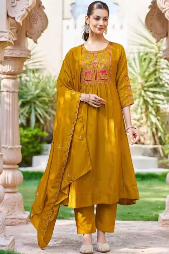 Women Ethnic Motifs Embroidered Empire Thread Work Kurta with Trousers & With Dupatta