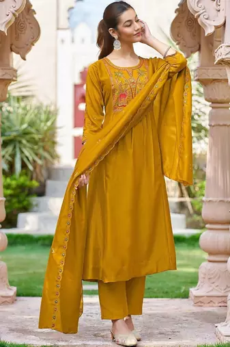 Women Ethnic Motifs Embroidered Empire Thread Work Kurta with Trousers & With Dupatta