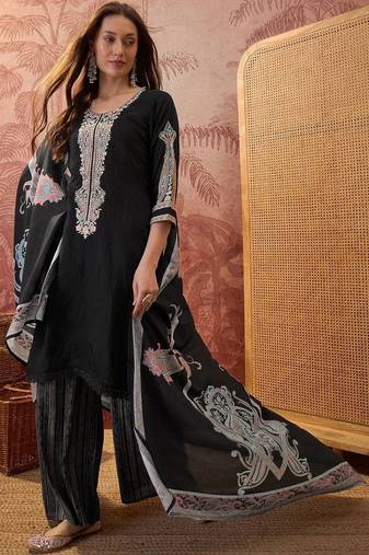 Women Ethnic Motifs Embroidered Regular Thread Work Kurta with Palazzos & With Dupatta