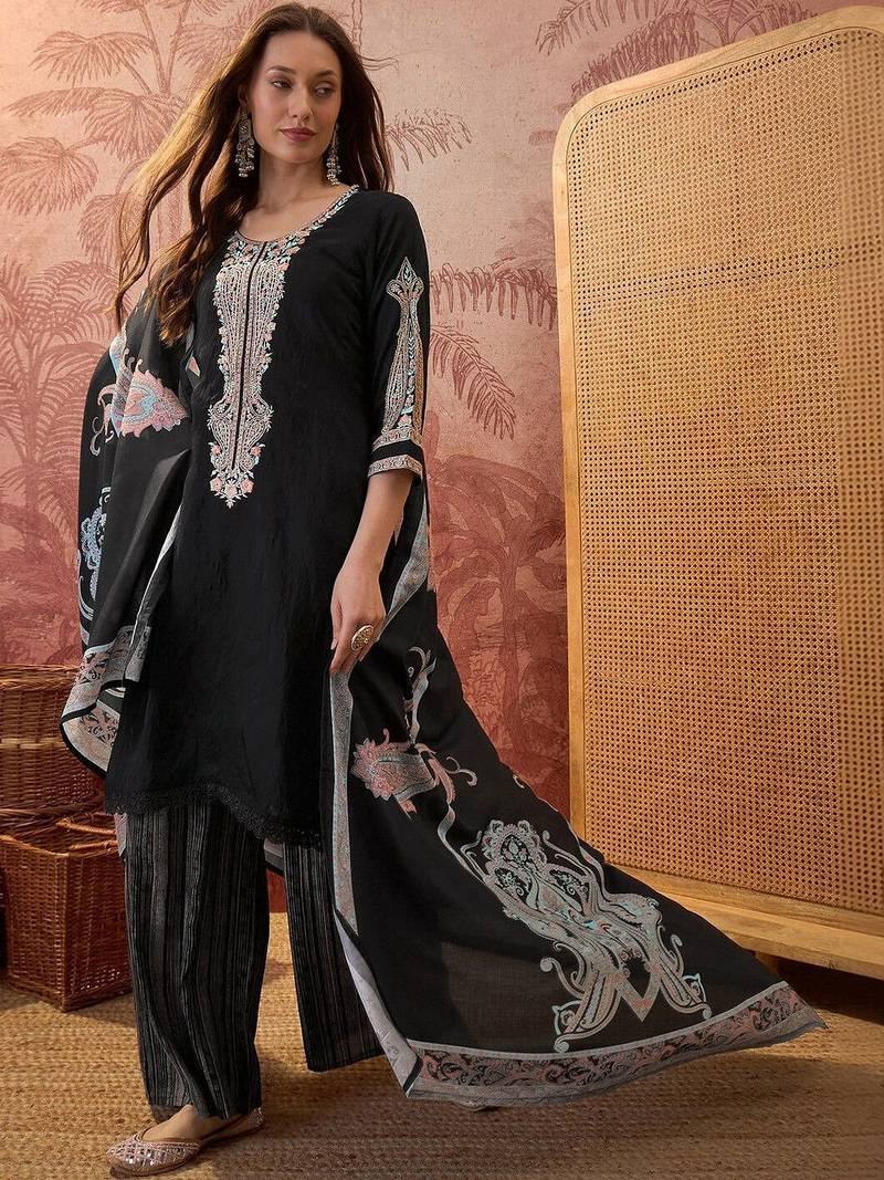 Women Ethnic Motifs Embroidered Regular Thread Work Kurta with Palazzos & With Dupatta