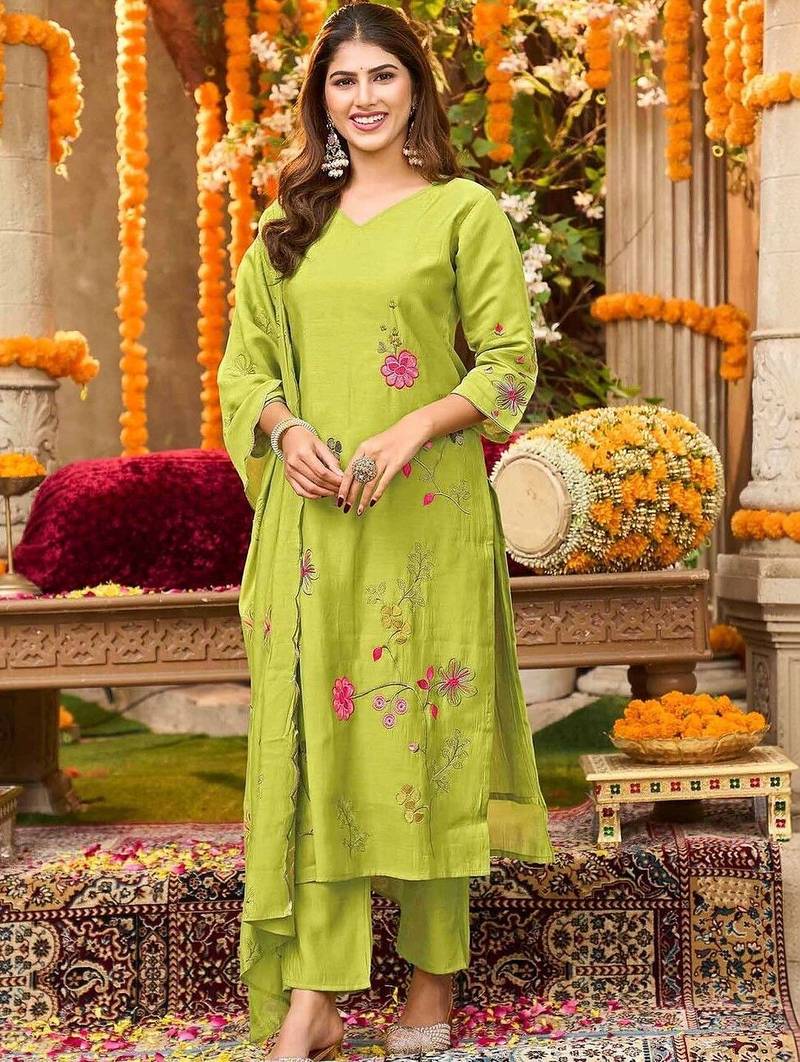 Women Embroidered Regular Kurta with Trousers & With Dupatta