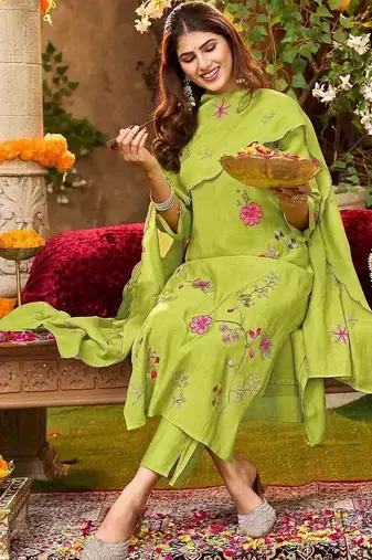 Women Embroidered Regular Kurta with Trousers & With Dupatta