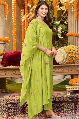 Women Embroidered Regular Kurta with Trousers & With Dupatta