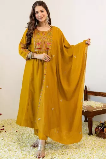 Women Embroidered Regular Kurta with Trousers & With Dupatta