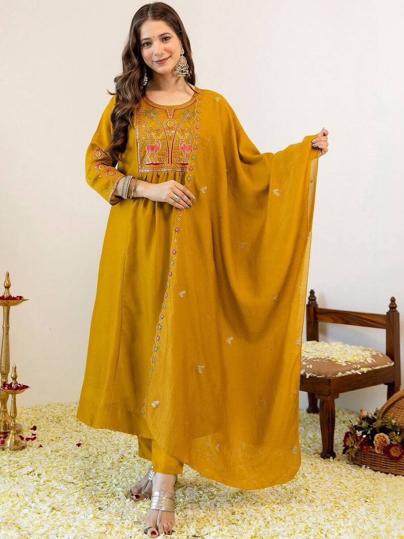 Women Embroidered Regular Kurta with Trousers & With Dupatta