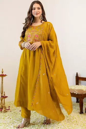 Women Embroidered Regular Kurta with Trousers & With Dupatta